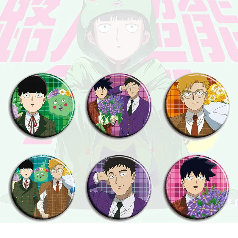 

6pcs/1lot Anime Mob Psycho 100 Reigen Ekubo Ritsu Figure 3543 Metal Badges Round Brooch Pin Badge Bedge Gifts Kids Toy