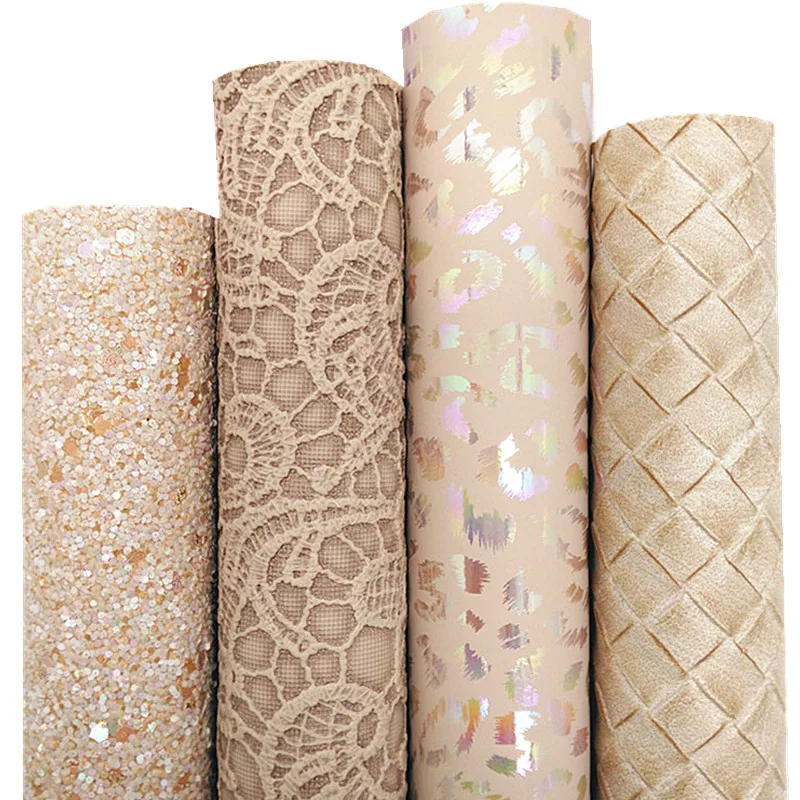 Nude Glitter Leather Sheets Flowers Embossed Faux Leather Weave Synthetic Leather Leopard Leather For Bows DIY 21x29CM Q1116