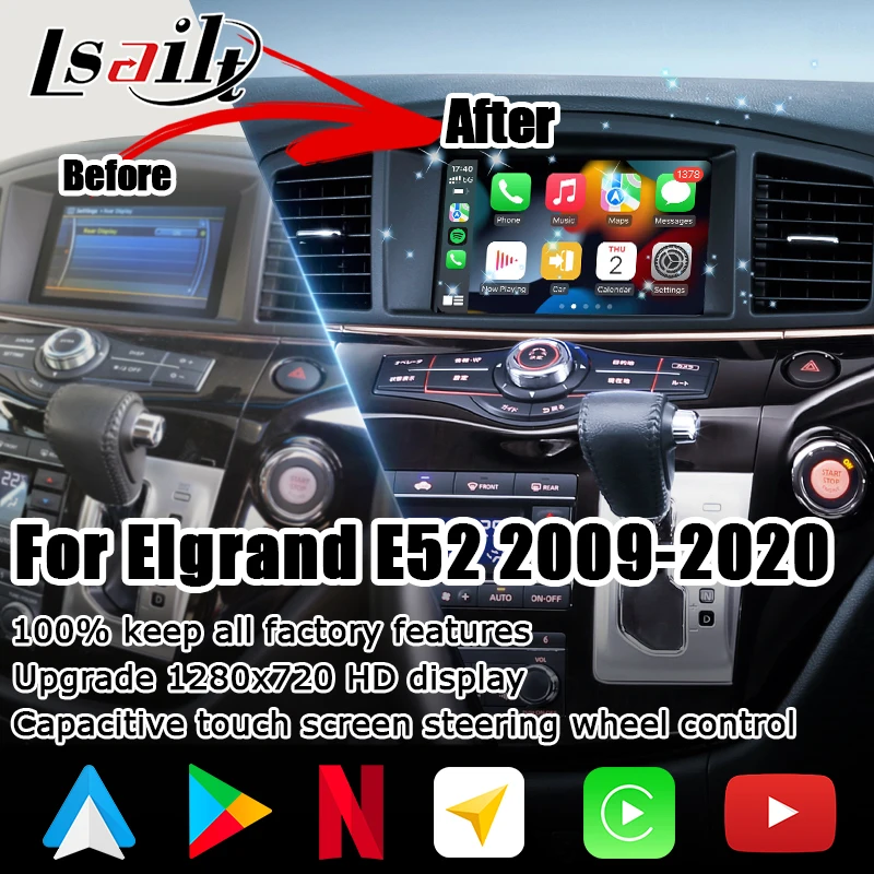 

Android wireless CP AA HD screen upgrade for Nissan Elgrand E52 Quest 2009-2020 with android media video bypass 06IT IT06 Lsailt