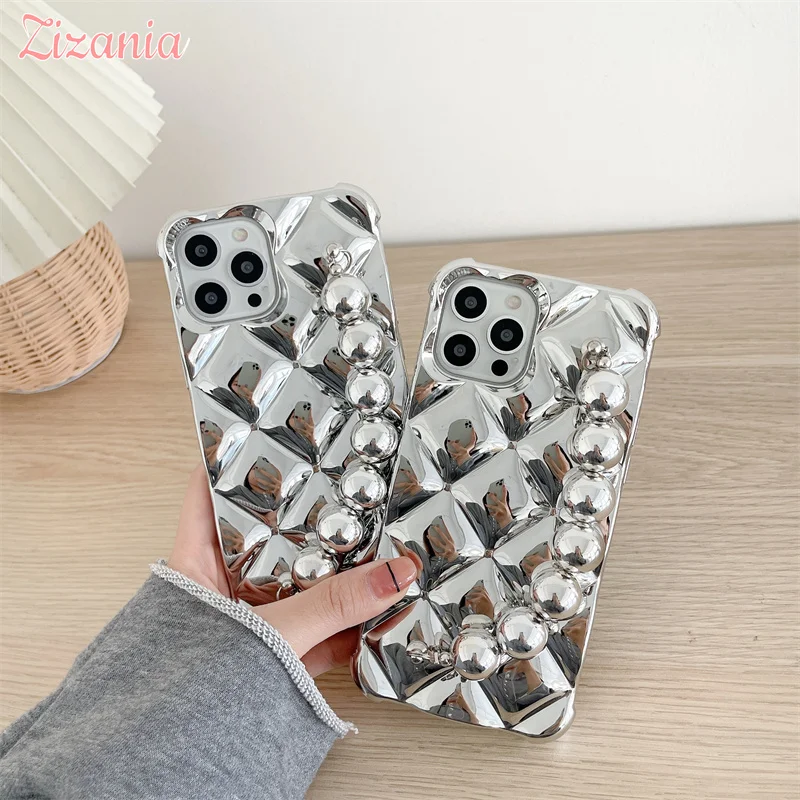 

Fashion Cool Silver Plating Lingge Round Bead Bracelet Soft Case For iPhone 13 12 11 Pro XS Max X XR 7 8 Plus SE 2020 Cover Girl