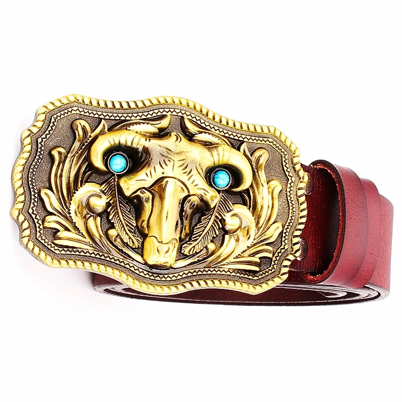 Golden Bull Head Buckle Turquoise Cowskin Leather Belt Fashion Cowboy Wild Western Style Decorative Belt For Men Women