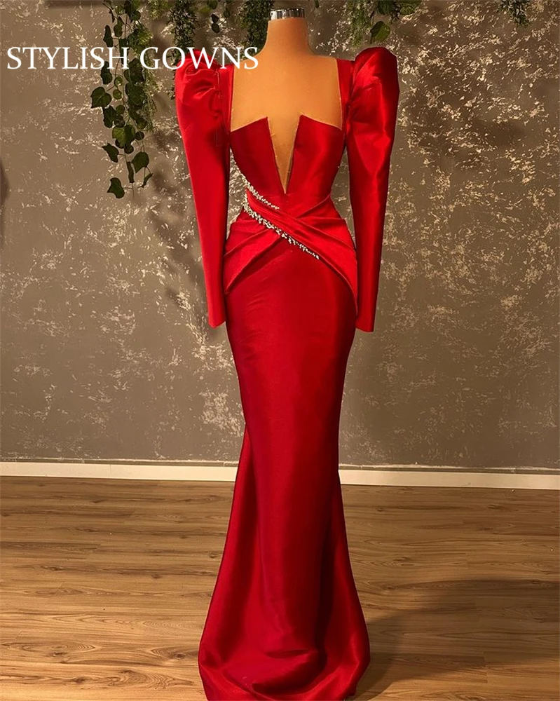 

Elegant Red Square Neck Evening Dresses Beaded Crystal Pleats Birthday Party Gowns Mermaid Formal Dress Robe De Soirée Femme