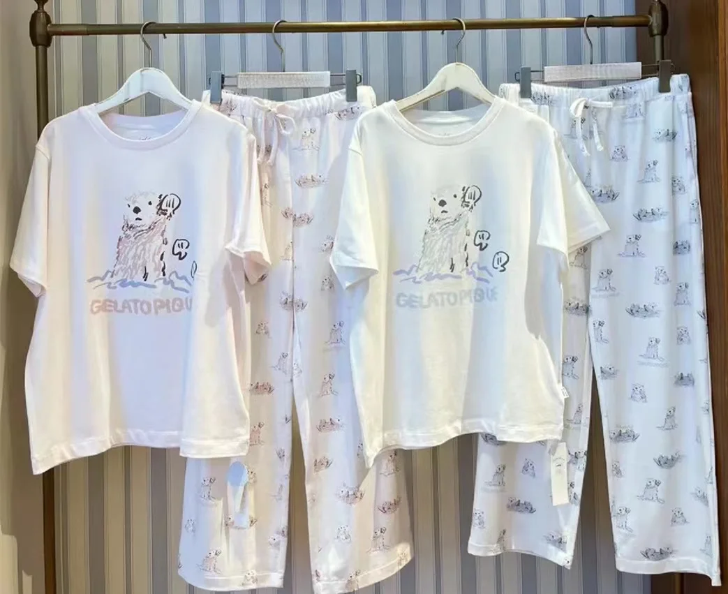 Cute Pajamas Room Wear Gelato Pique Summer Women's Pajamas Kawaii Otter Printed Short-Sleeved T-shirt Tops Pants Dress