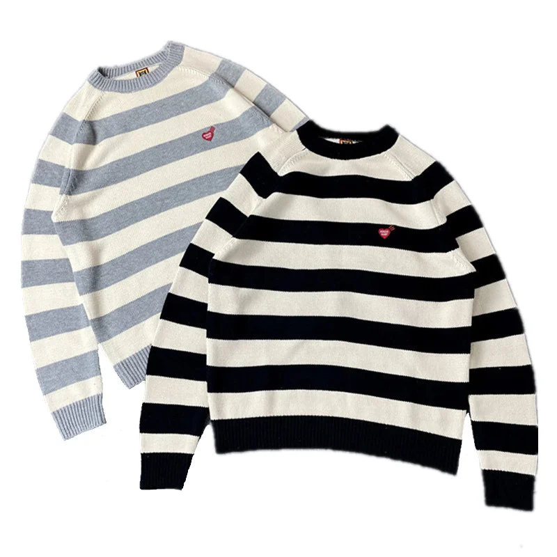

Human Made 22AW Little Love Embroidery COLOUR BLOCK STRIPE KNIT Men Women Relaxed Round Neck Sweater