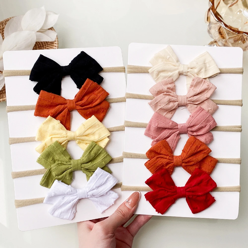 

5Pcs/Set Cotton Linen Solid Color Bows Headband For Baby Girl Cute Candy Bowknot Nylon Elastic Hairband Newborn Hair Accessories