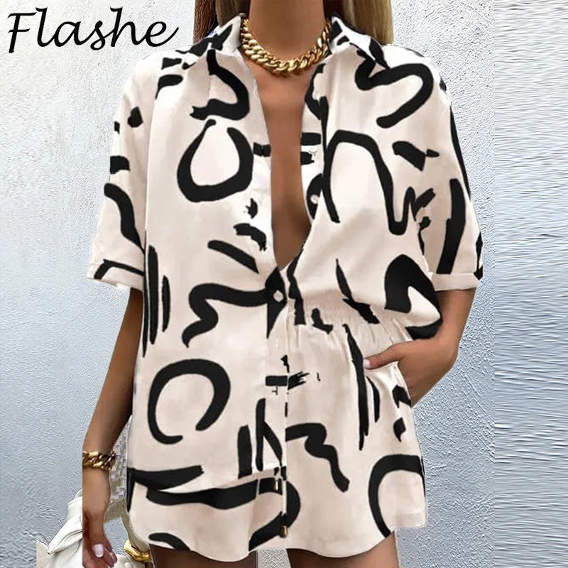 Женский Повседневный костюм с принтом блузка на пуговицах и шорты свободный