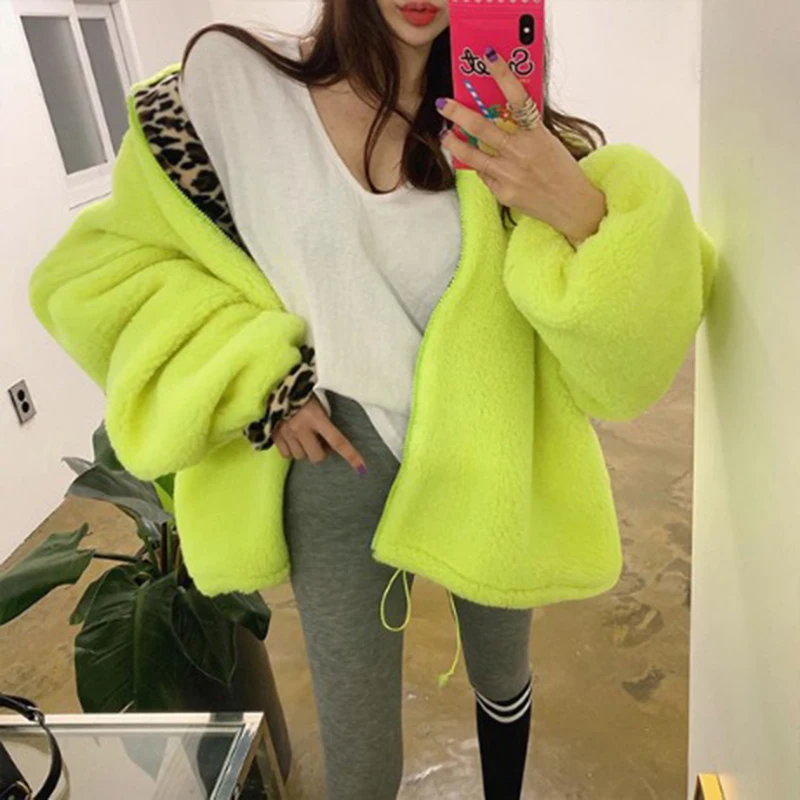 2023 Winter Fur Coat Patchwork Leopard Turn-down Collar Coats Oversized Neon Green Faux Fur Woolen Warm Women Jacket Streetwear
