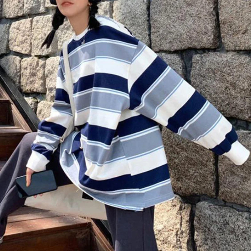 

Женская Полосатая свободная футболка в стиле Харадзюку, корейские Футболки с длинным рукавом, простой Приталенный топ в стиле ретро, Повсед...