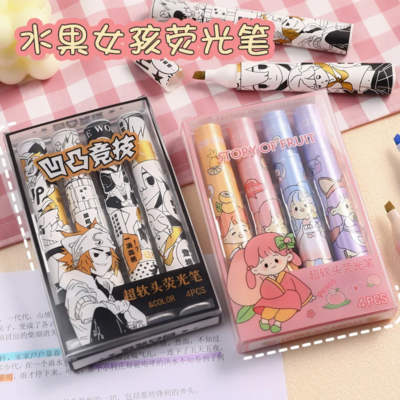 

Cartoon Fruit Girl Highlighter Students Highlight Marker Color Soft Head Graffiti Drawing Pen 4 PCS