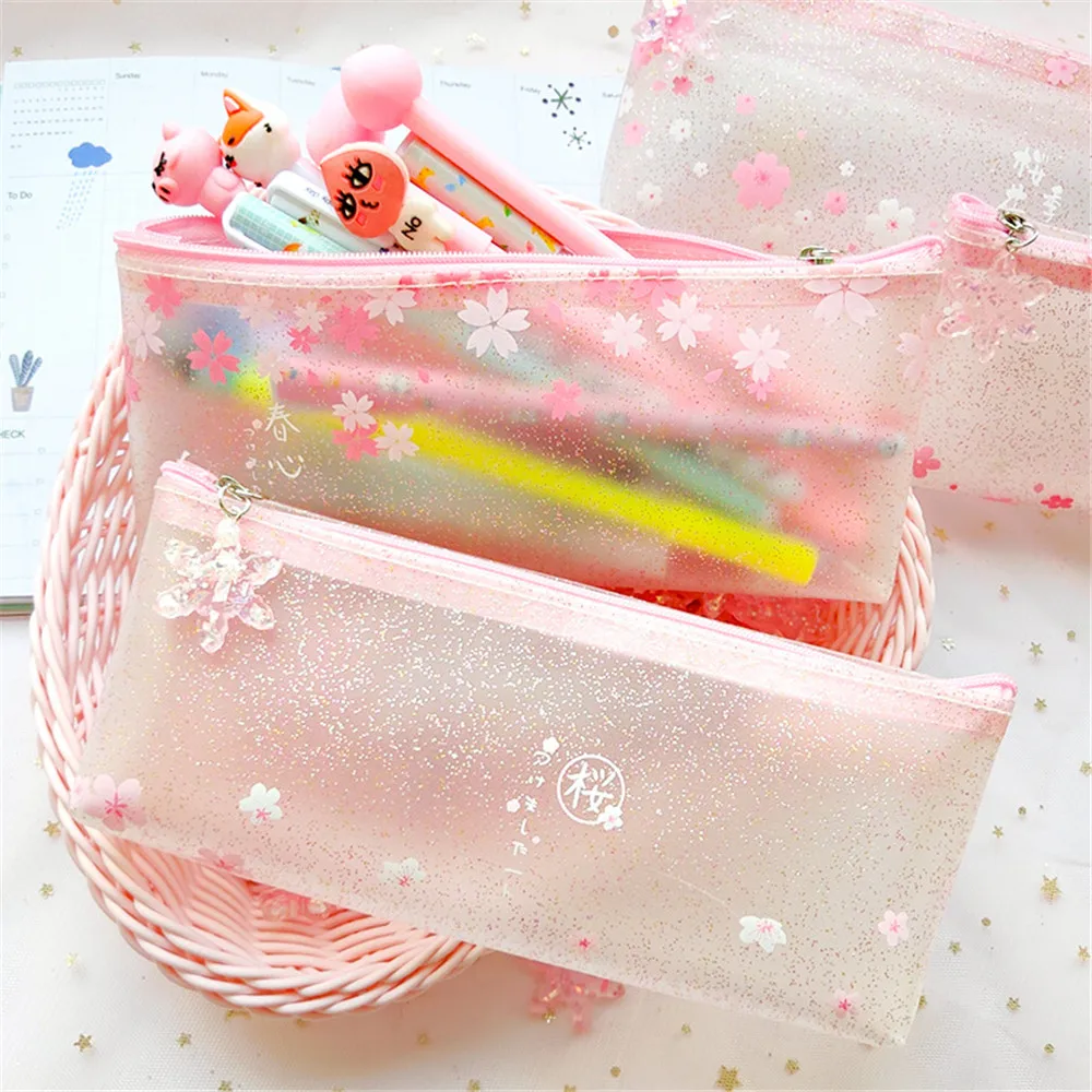 

Pink Transparent Cherry Blossom Pencil Case Sequined Pencil Storage Bag Makeup Brush Jewelry Storage Bag Kawaii Stationery 1pc