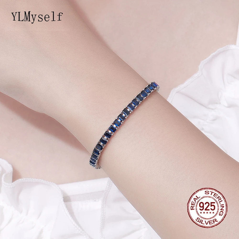 Real 925 Silver Tennis Bracelet Pave 3*4 mm Dark Blue Rectangle Zircon 15-19 CM Length Luxury Fine Jewelry For Men/Women