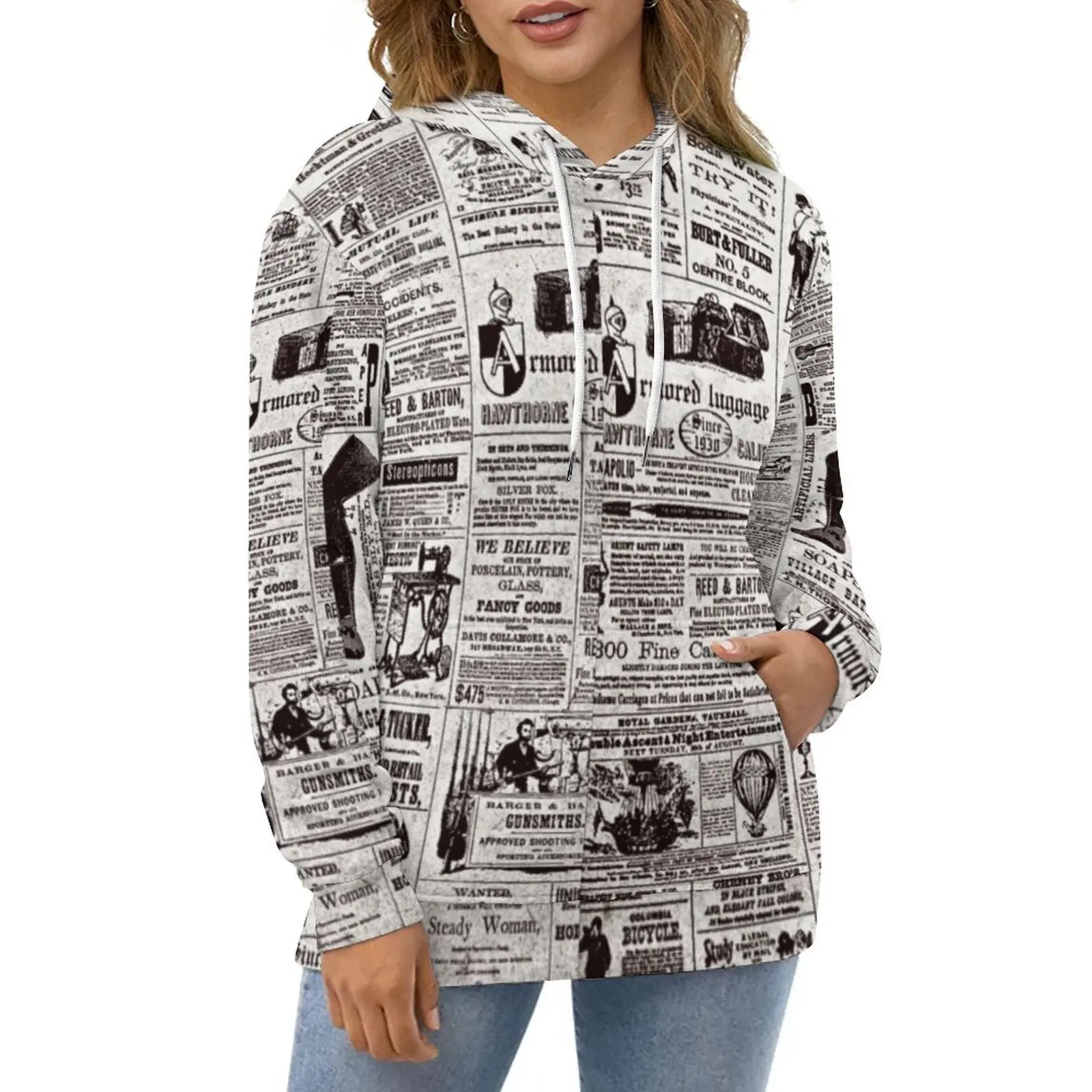 

Texture Newspaper Hoodies Long Sleeve Vintage Print Pretty Casual Hoodie Hip Hop Oversize Graphic Loose Hooded Sweatshirts