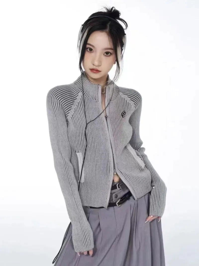 Американский винтажный свитер на двойной молнии Женский облегающий модный