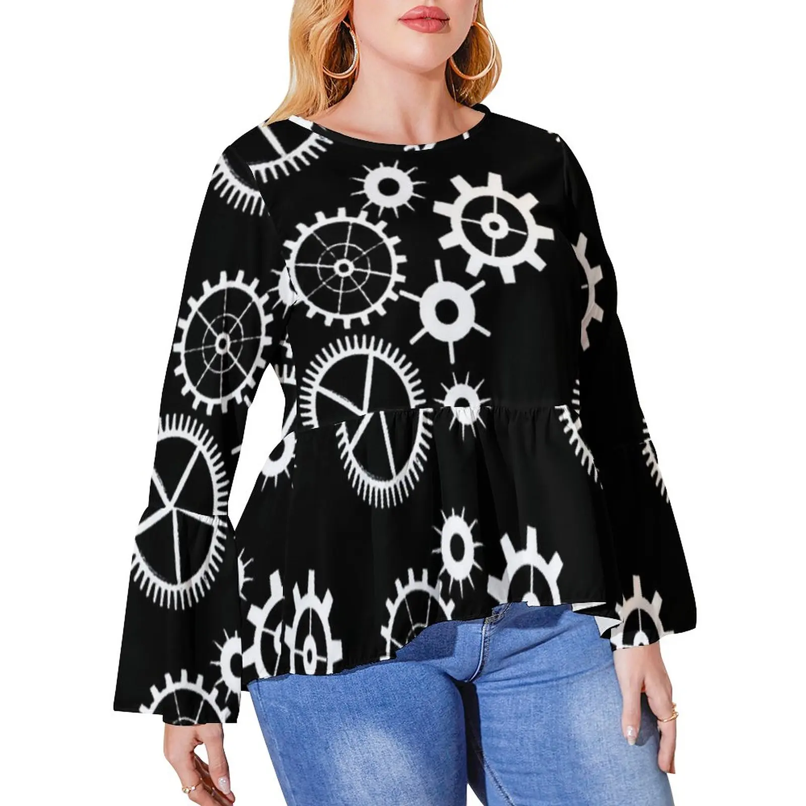 

Steampunk Black And White T Shirt Technology Gears Monochrome Trendy Ruffled T-Shirts Lady Streetwear Tshirt Plus Size Tops Gift