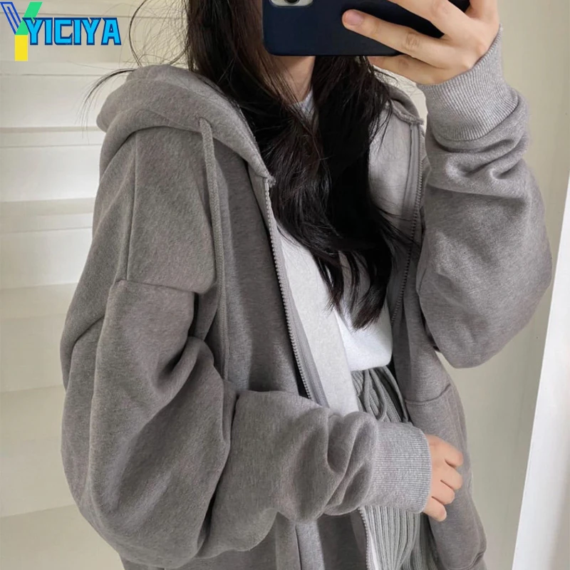 

YICIYA Women's Jacket Harajuku Hooded Sweatshirts Woman Winter Solid Zip Up Loose Jacket Coats Vintage Long Sleeve Y2k Clothes