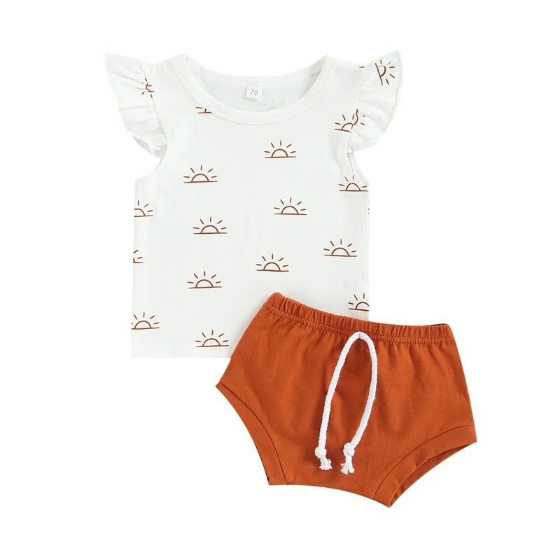 

Повседневная одежда для новорожденных, Однотонная футболка с круглым вырезом и короткими рукавами с принтом солнца для маленьких девочек, 2...