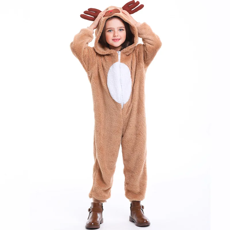 

Children Boys Girls Animals Elk Christmas Reindeer Velvet Hooded Jumpsuit Kids Halloween Role Play Dress Up Cosplay Costume
