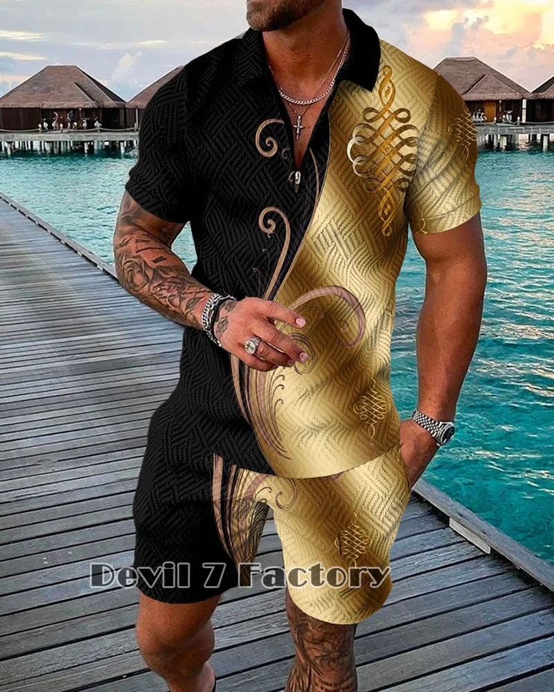 Men's Polo Shirts Shorts 2 Piece Sets 3D Print Short Sleeve T-Shirt Summer Tracksuit Suit Fashion Male Clothes Casual Streetwear