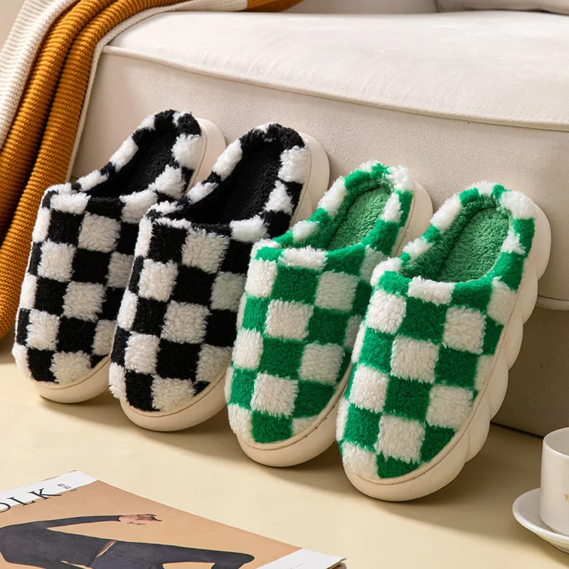 Women's Fashion Checkerboard Slippers Winter With Plush Cotton Drag Men's Non-Slip Thick Sole Indoor Slippers