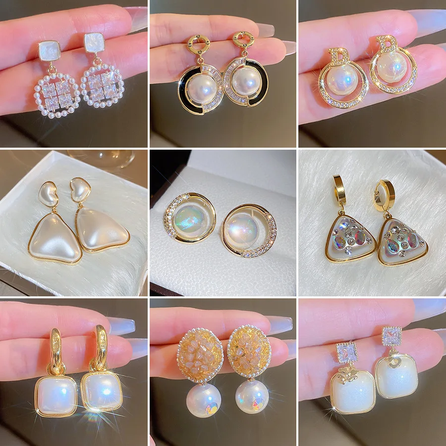 

Minar Elegant Multiple Simulated Pearl CZ Zircon Drop Earrings for Women Heart Geometric Hanging Dangle Earrings Wedding Jewelry