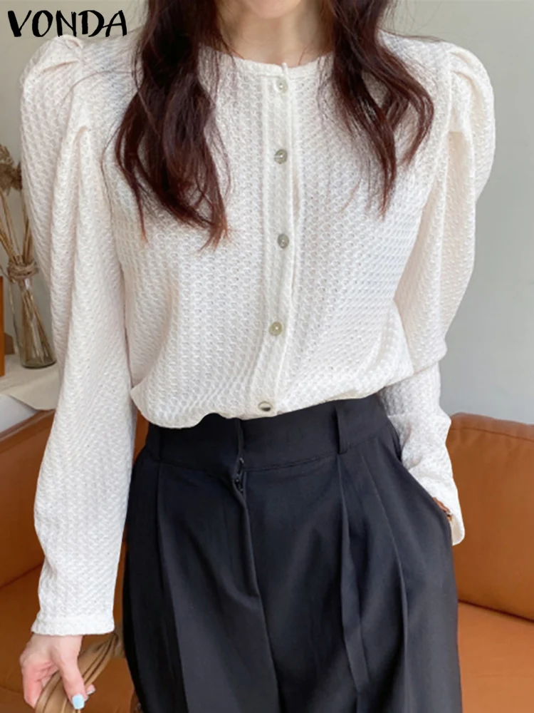 

Однотонные рубашки 2023 VONDA, женская элегантная повседневная блузка с длинным рукавом и круглым вырезом, женские топы большого размера, женские рубашки