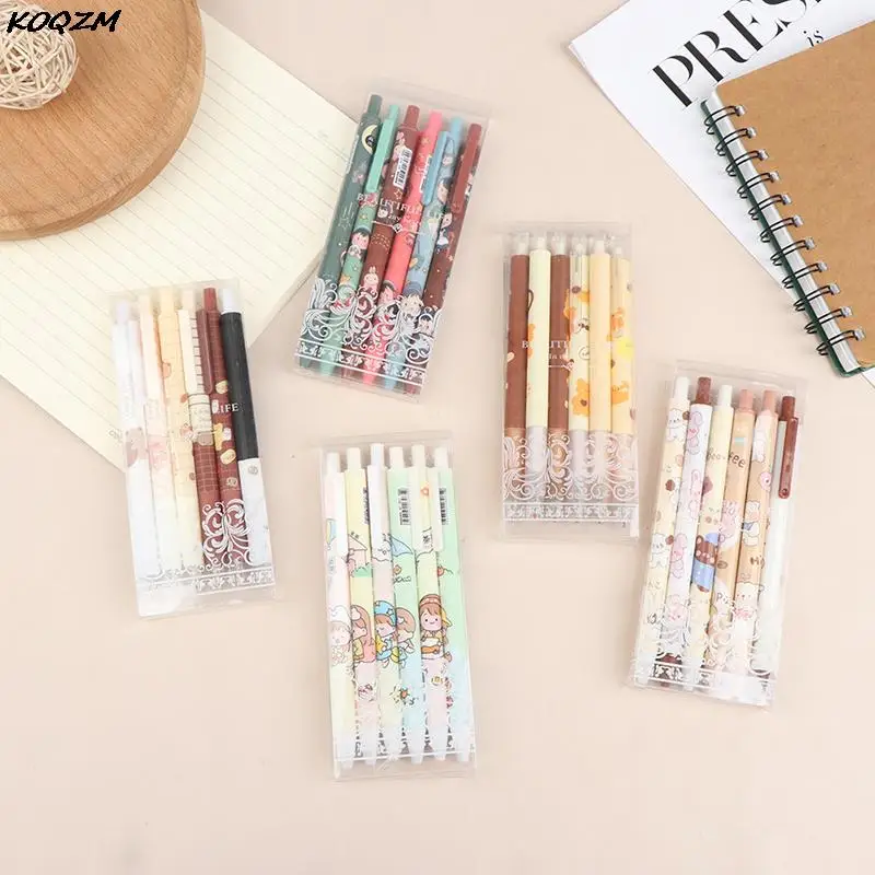 

6Pc/Set Kawaii Gel Pen Set Student Cute Ballpoint Pens 0.5mm Black Ink Cartoon Print School Student Stationery Supplies 2022