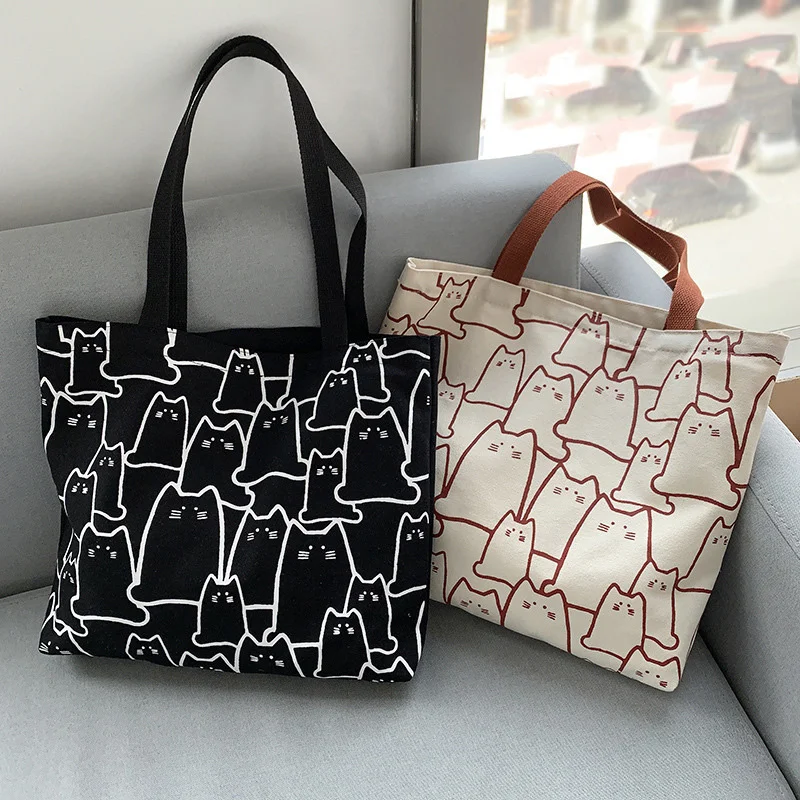 

Холщовые сумки, сумка для женщин 2022, сумка-шоппер с милым котом, сумка-тоут на молнии, дизайнерская сумка в японском стиле, Мультяшные маленькие сумки на плечо