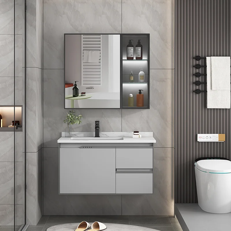 

Алюминиевый шкаф для ванной комнаты с раковиной, зеркальные шкафы, керамический сланцевый комплект встроенной раковины, мебель для ванной комнаты