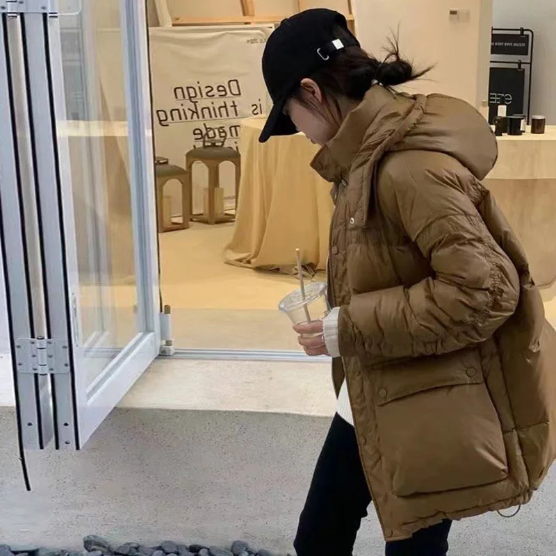 New Hooded Down Jacket Women's Medium-length Solid Colour Jacket Winter White Duck Down Sweet Thickening Warm Cotton Clothing