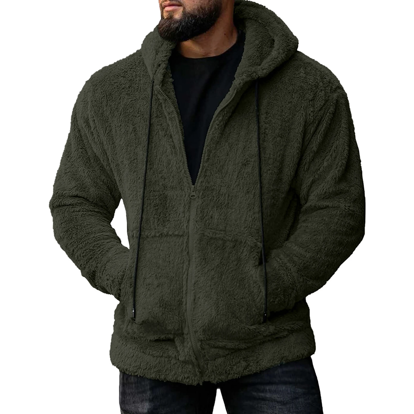 

Men's Solid Color Plush Coat Windproof Male Soft Leisure Hooded Jacket for Business Travel Office