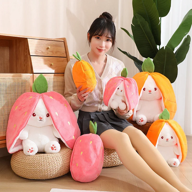 

35cm Kawaii Fruit Transfigured Bunny Plush Toy Funny Carrot Strawberry Rabbit Doll Soft Hiding in Bag Kids Girls Birthday Gift