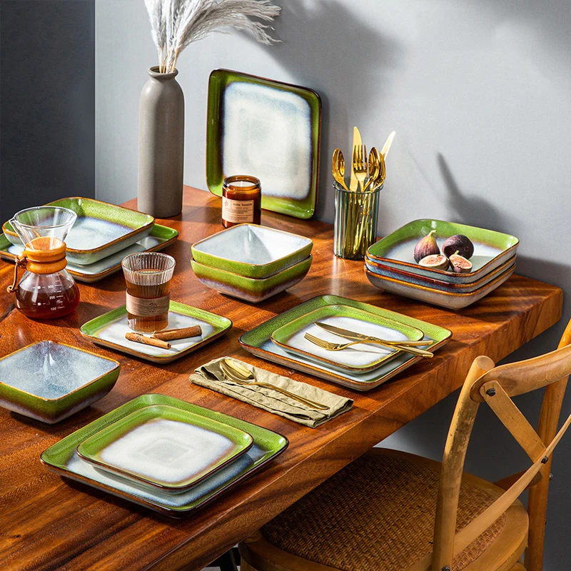 

Vancasso Stern Dinner Set Green Square Kiln Change Glaze Tableware Breakfast set Dinnerware Ceramic Crockery Set for 4 Person HY