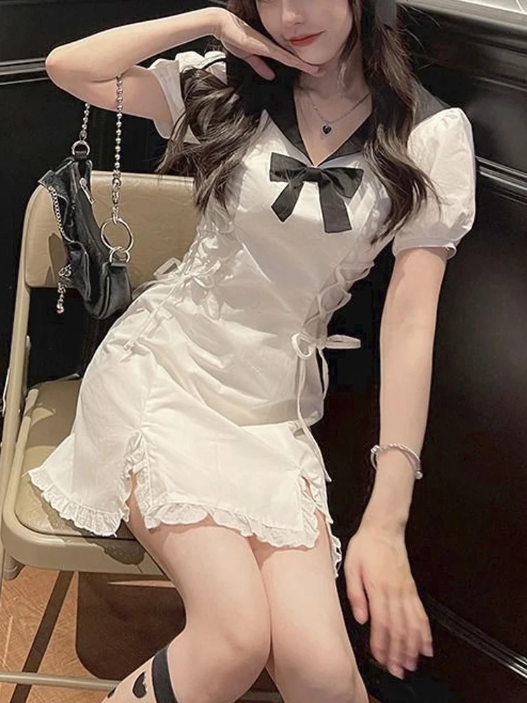 

Летнее милое вечерние нее мини-платье для женщин Y2K, милое Бандажное платье в стиле пэчворк, женское повседневное уличное платье с бантом, 2022