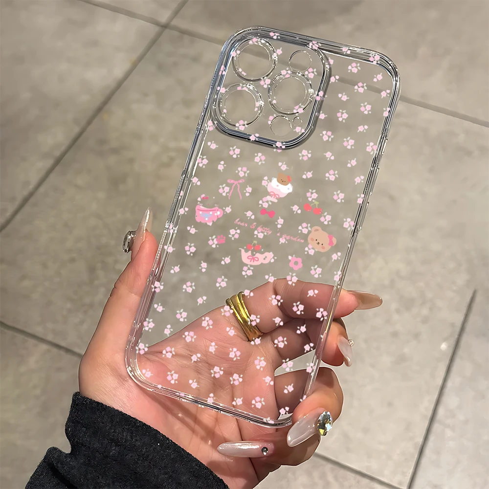 Фото Силиконовый чехол для телефона Little Bear Pink Flower для IPhone 17 16 15 14 13 12 11 Pro Xs Max Air Mini 7 8 6 6s Plus SE 2020 2022 Cover №1
