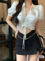 Korean Fashion Goddess White Cropped Women Blouses Sexy Y2k Black Corset Top Female Streetwear Elegant Puff Short Sleeve Shirt