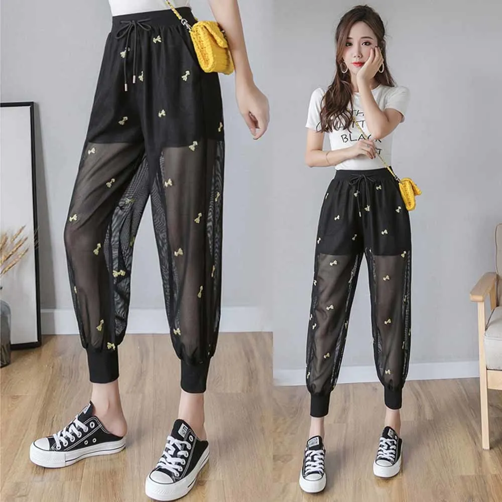 

Ice Silk Capri Pants Female New Embroidery Harem Pants Women Thin Loose Mesh Casual Sunscreen Black Pantalon Femme S-XXL