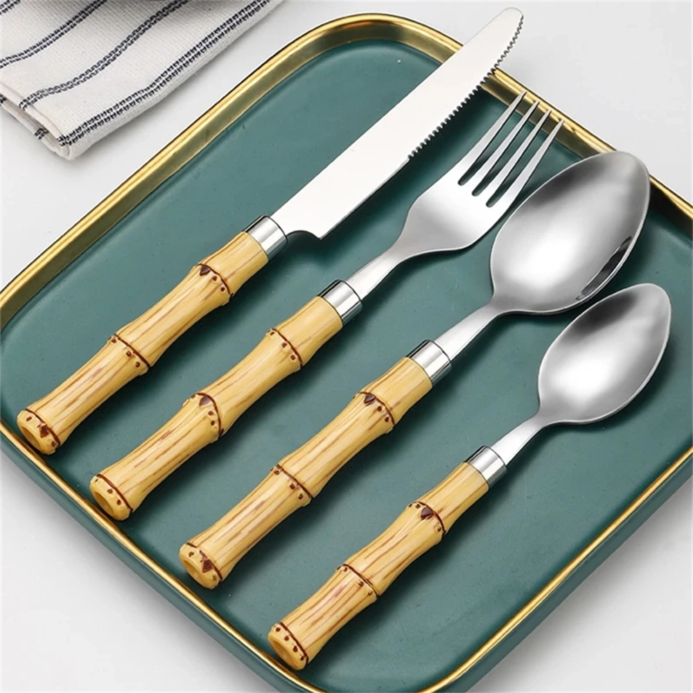 Bamboo Handle Tableware Set Gift Box Stainless Steel Dinnerware Set Customized Logo Box Knife Fork Spoon Cutlery Set Gift Box images - 6