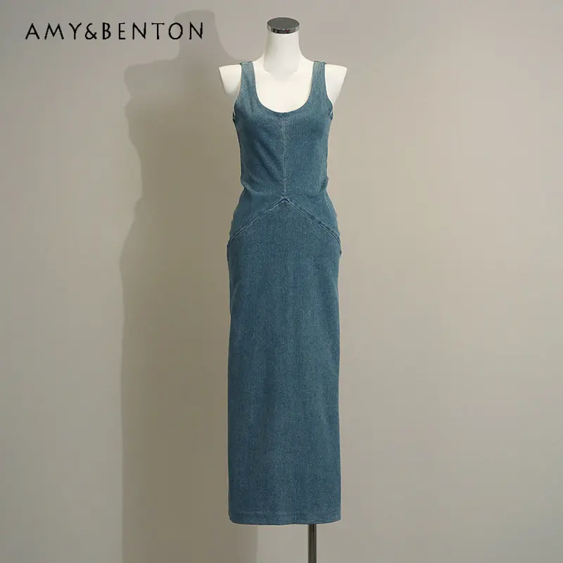 

Niche 2023 Autumn New Split Waist Fitted Slim Fit Long Dress Sexy High-Grade Denim Strap Dress Fashion Girls Clothes Jeans Dress