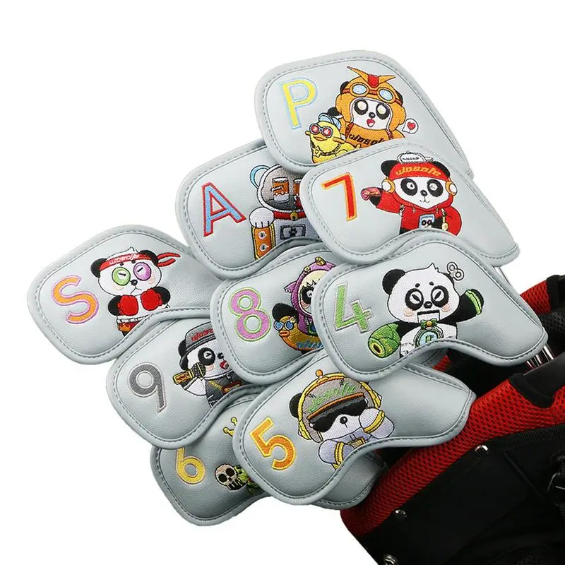 

9pcs PU Golf Club Covers Panda Pattern Embroidered Golf Irons Head Cover Golf Headcover Wooden Putter Cover Protective Covers