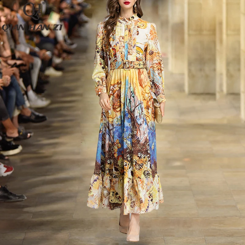 

Qian Han Zi весенне-летнее дизайнерское модное Хлопковое платье макси с длинным рукавом с рисунком винтажное длинное платье для отпуска для женщин