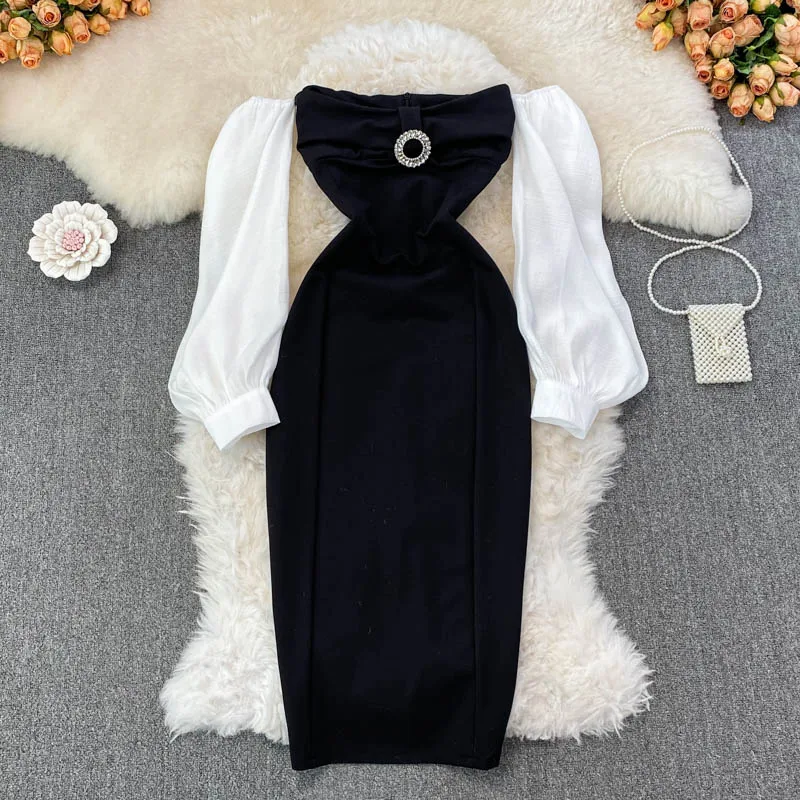 

2022 Spring New Light Cooked Style Square Neck One Shoulder Off Shoulder Color Matching Bubble Sleeve Sexy Slim Wrap Hip Dress