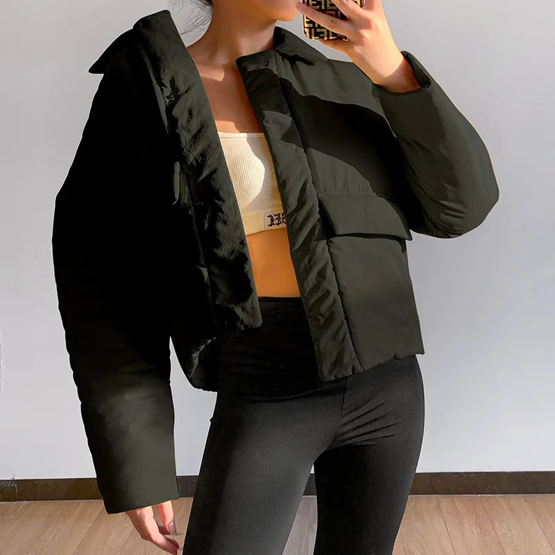 2023 Autumn and Winter New Fashion Simple Long-sleeved Padded Jacket Women Lapel Concealed Buckle Loose Padded Jacket Women