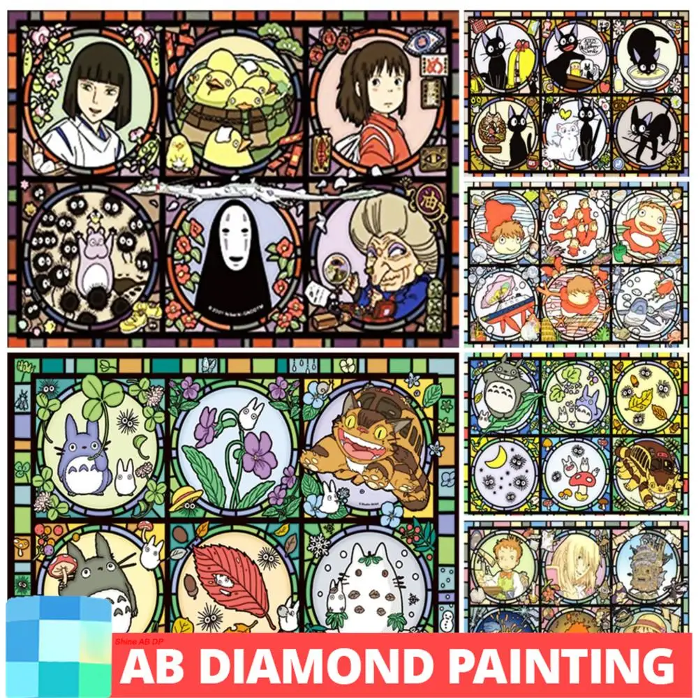 

AB Drills Studio Ghibli Stained Glass Diamond Painting Hayao Miyazaki Anime 5D Mosaic Cross Stitch Crafts Home Decoration