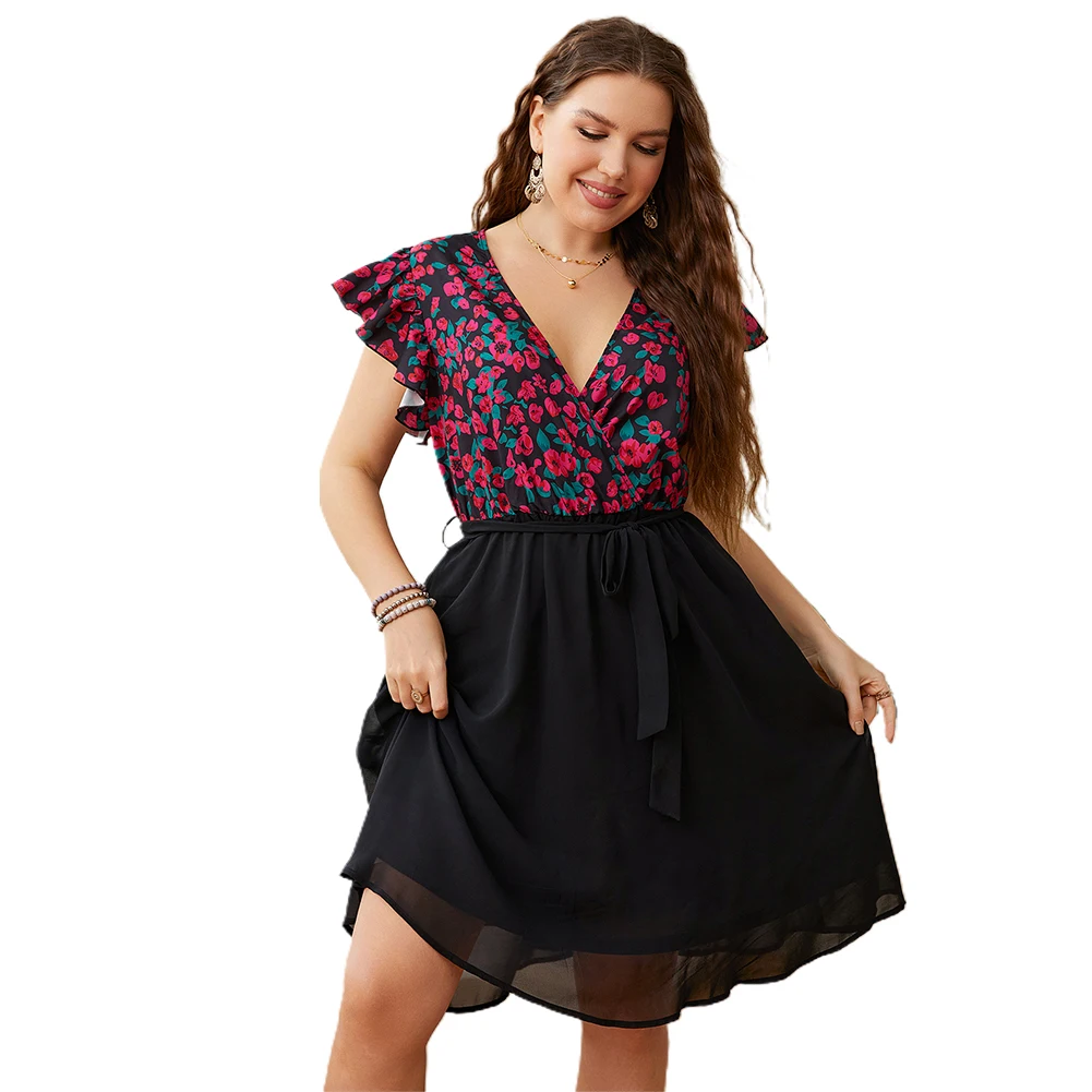 2022NEW Spring And Summer Plus Size Women Casual Floral Print V Neck A-Line Short Sleeve Short Loose Print Dresses XL-4XL