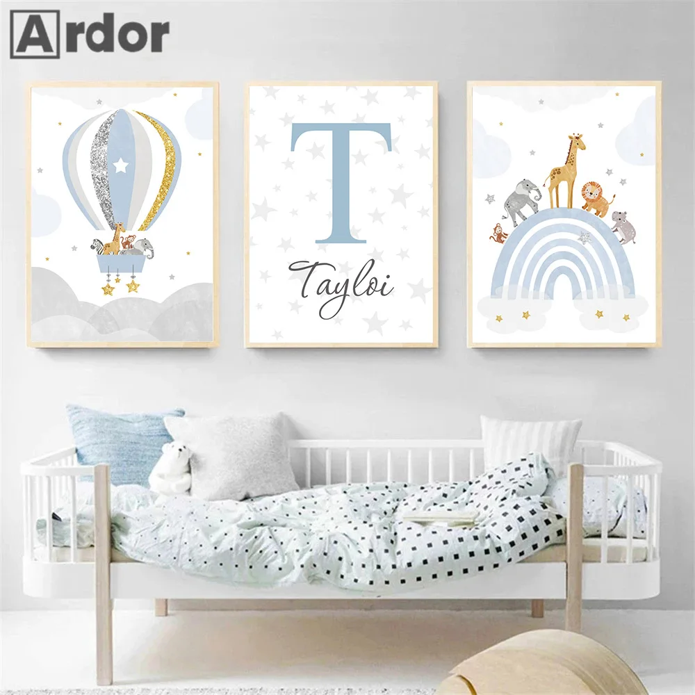 

Blue Rainbow Nursery Canvas Painting Custom Name Poster Giraffe Elephant Art Prints Nordic Wall Pictures Kids Room Decoration