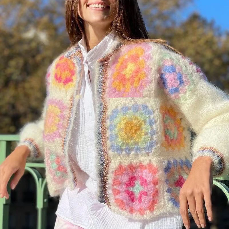 

Women Mohair Cardigan sweater Handmade Crochet Colorful Flower Patten Knitting coat sweater
