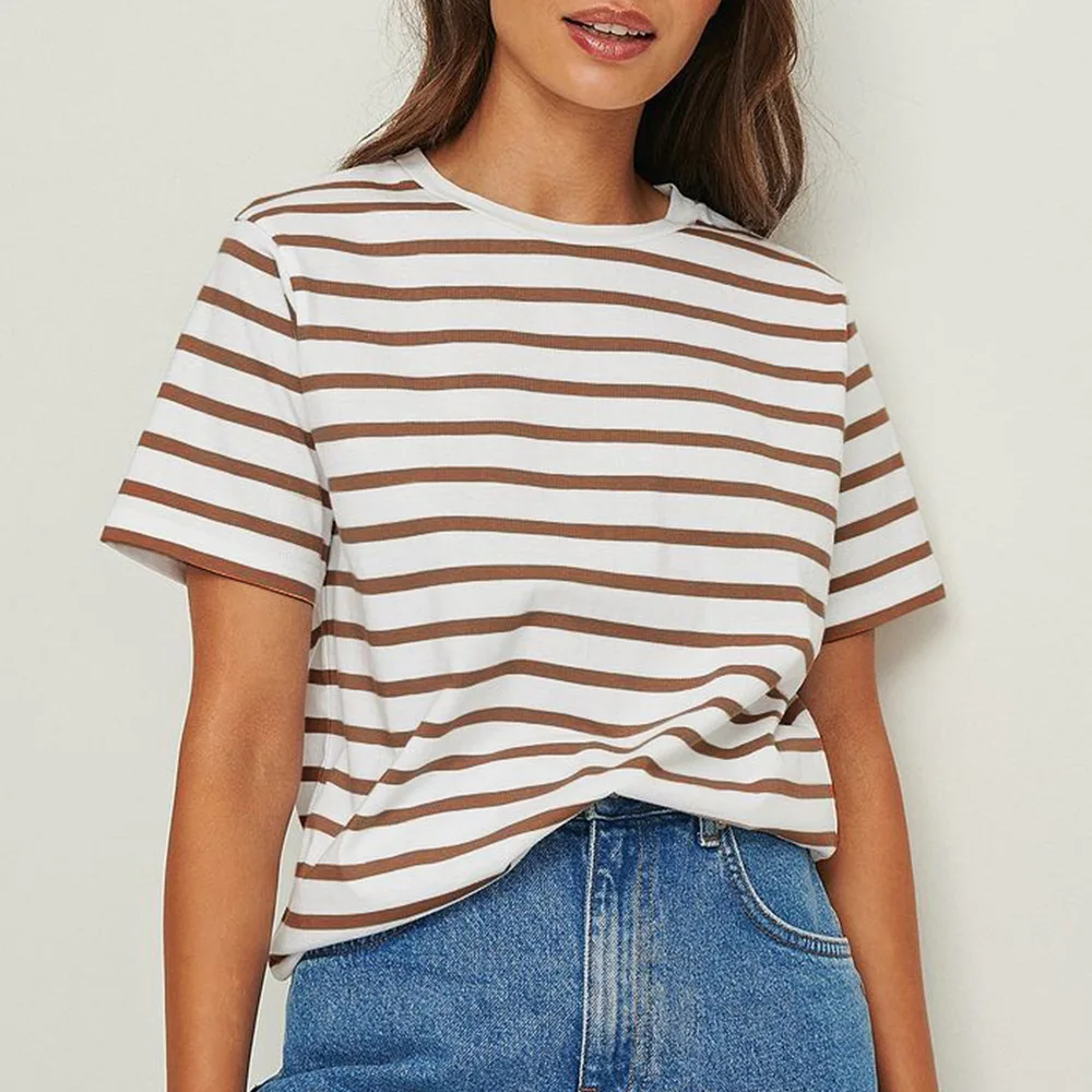 

Summer striped print cotton T-shirt Women short sleeve casual tops 2023 Black red green blue coffee clothes