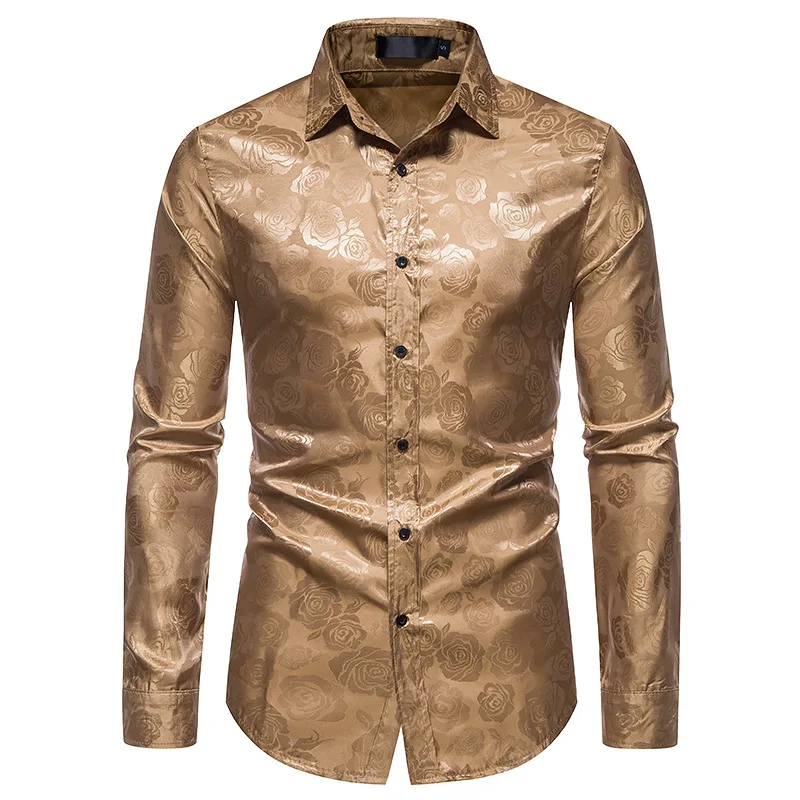 Mattswag Mens Luxury Shiny Rose Printed Shirts Long Sleeve Nightclub Party Stage Shirt Casual Slim Fit Stylish Camisa Hombre 2XL