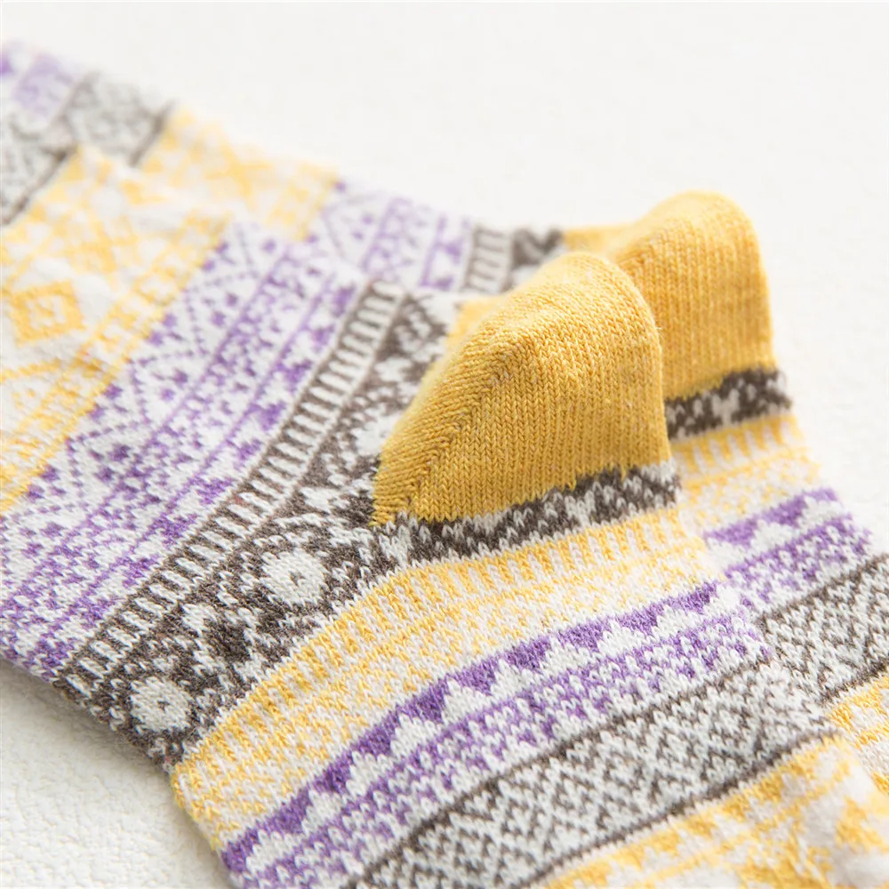 5 Pairs Winter Autumn Women Wool Socks Warmer Ethnic National Style Cashmere Thermal Thicken  Rhombus Women Socks