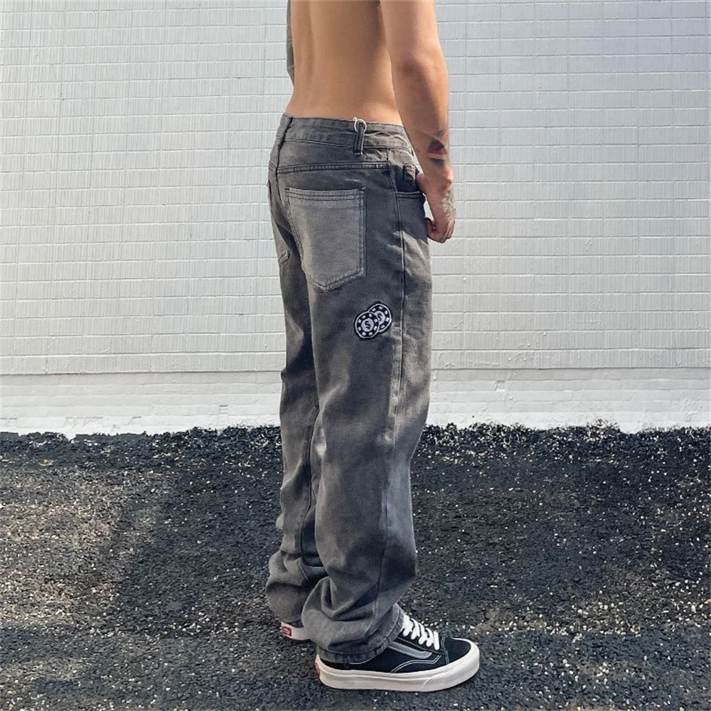 European and American Letter Embroidered Jeans Men's High Street Loose Straight Pants Street Y2K Retro Joker Casual Denim Pants